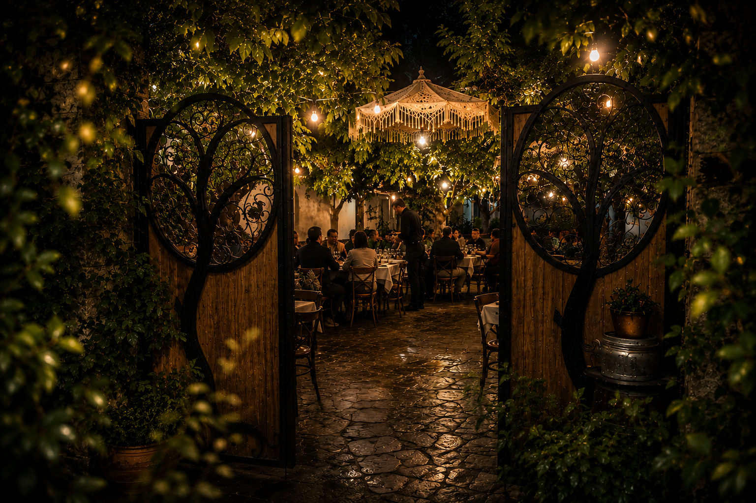 ODA Garden – Gastgarten mit Säulen und Begrünung